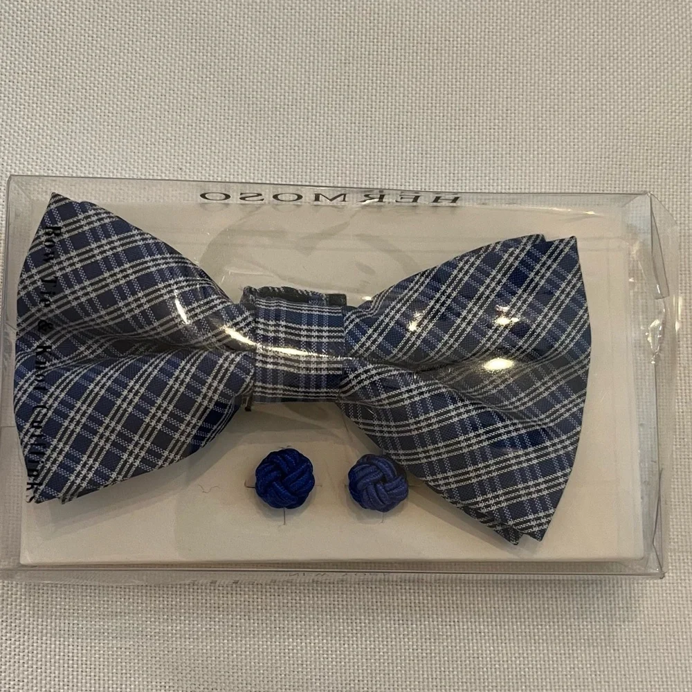 NWT hermoso New York boys bow tie cuff links set blue white plaid